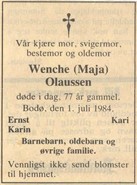 1984.07.01 - Dødsannonse Wenche (Maja) Olaussen 2.2.1 - Kilde- Ann-Mari Madsen
